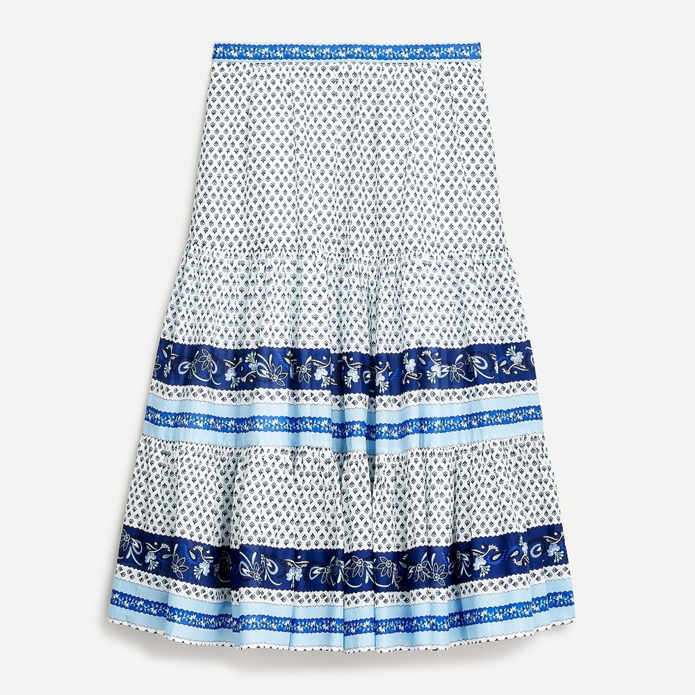 New! J Crew L Large Tiered skirt in blue ribbon block print NWT